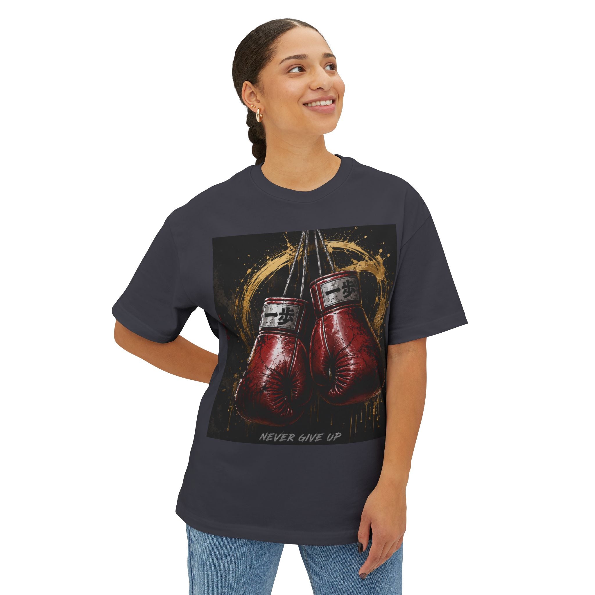 Boxy Tee — Boxing Gloves “Never Give Up” Graphic